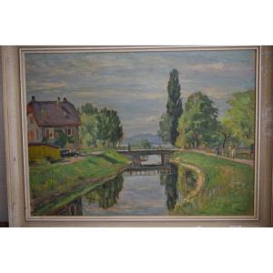 Painting By Georges Van Hueck "bridge Over The Canal"