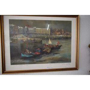 Lithograph By Pierre Letellier "honfleur In Winter"