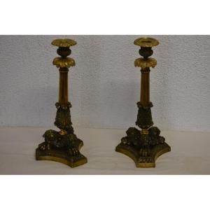 Pair Of Bronze Candlesticks With Claw Feet