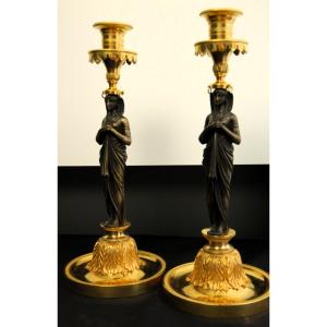Pair Of Bronze Candlesticks, Empire Period