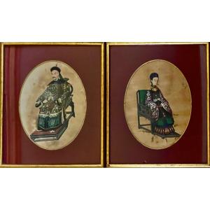 Pair Of Gouache With Representation Of A Couple Of Emperor China XIX E