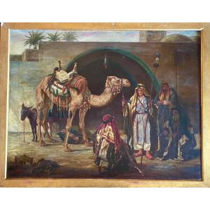 Orientalist Painting - English School 19th Century - "camel And Bedouins"