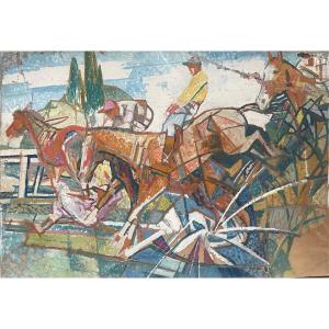 Oil On Canvas - Horse Racing - After Mendjisky Serge (1929-2017)
