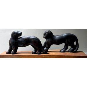 Black Patinated Wooden Sculpture Representing A Pair Of Panthers Circa 1930 Unsigned