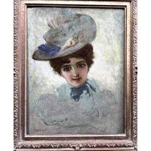 Jules Cheret Oil On Canvas "young Woman With A Hat Signed Lower Left