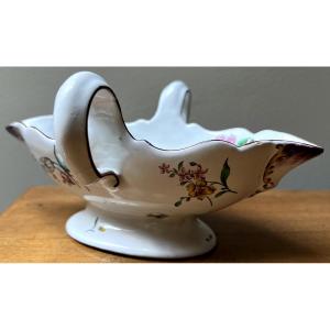 Strasbourg Paul Hanong Sauce Boat With Earthenware Helmet Handles Decorated With Fine Flowers, 18th Century
