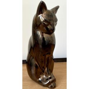Jacques Migeon Sitting Cat In Gilded Bronze-colored Enameled Ceramic 