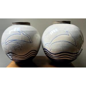 Pair Of Large Earthenware Ball Vases With Blue Monochrome Decoration Of A Family Of Dolphins, 1950s