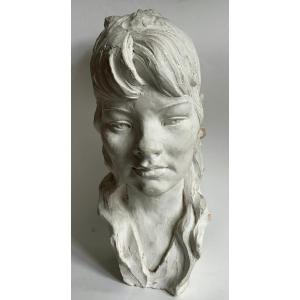 White Patinated Terracotta Bust "young Girl With A Ponytail" Dedicated - Dated - Monogram
