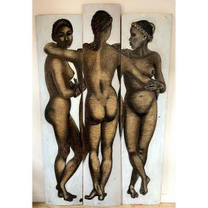 Three Oil Paintings On Panel Forming A Triptych Depicting African Women, Signed 20th Century