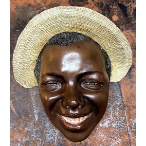 Terracotta Sculpture "smiling Young Black Man In A Straw Hat" Goldscheider, Late 19th Century
