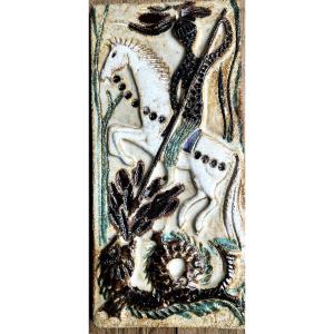 Ceramic Plaque Depicting St. George Slaying The Dragon. Circa 1970. Monogram Tp.