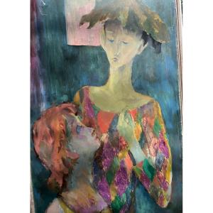 Jean Tabaud 1914-1996 Oil On Cardboard Depicting A Harlequin And A Child, Signed Lower Right