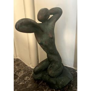 Green Patina Bronze Sculpture Of A Young Woman Monogrammed Mp