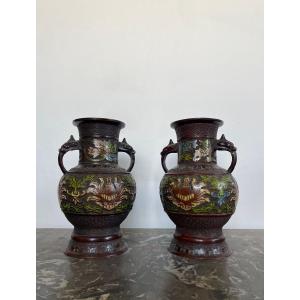 Pair Of Cloisonné Vases In Bronze