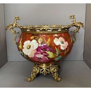 Planter In Enamelled Ceramic With Bronze Frame Creil And Montereau Signed G. Lemmonier