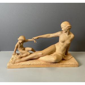Mother And Child Terracotta Subject Signed M. Bouraine