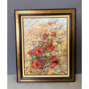 Oil On Canvas, Les Coquelicots, Signed Charles Chenet