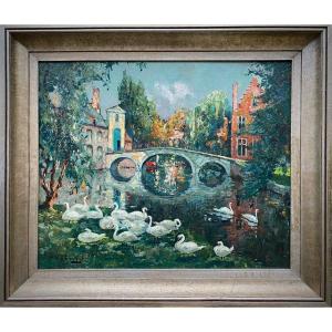 A Canal View Of Bruges With White Swans – Beguinage Entrance, Verbrugghe Charles