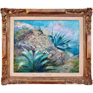 A Coastal View With Agave, Stappers Julien, Chenee 1875 – 1960, Belgian Painter