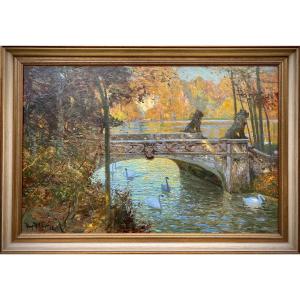 Swans In The Park, Volcker Hans, Pyrzyce, Poland 1865 – 1944 Wiesbaden, Germany, German Painter