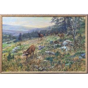 Schmidt Hans, Hamburg 1859 - 1950 Weimar, Deer In A Landscape, Oil On Canvas