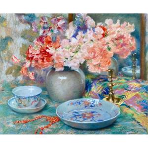 Joseph Vande Fackere, Bruges 1879 - 1946, Belgian Painter, Les Fleurs Et Accessoires, Pastel