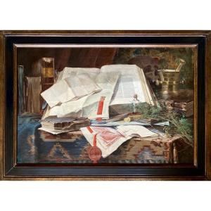 Fernand Adriaenssens  (  1859 - Antwerp - 1944 ) - ' Still Life With Books '