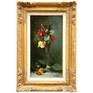 Hubert Bellis (1831 - Brussels - 1902) - Red And Yellow Roses In A Glass Vase