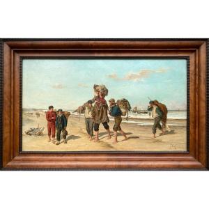 Felix Cogen ( Saint - Nicolas 1838 - 1907 Brussels) - ' Return From Fishing '