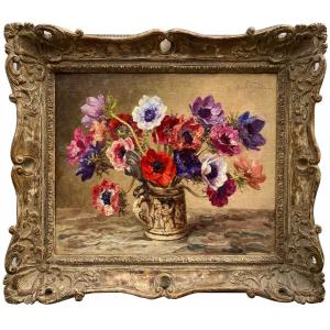 Oswald Poreau, 1877 – 1955, Belgian Painter 'anemones', Signed Top Right, Dated 1946