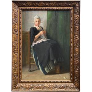Guillaume Eberhard (1879 – 1949) - Young Girl Knitting, Signed And Dated ' G Eberhard 1906 '