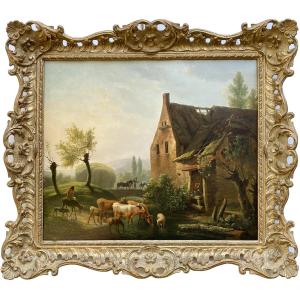 Louis-pierre Verwée (1807 – 1877) - ' Landscape With Shepherds And Animals Near The Water' 1851