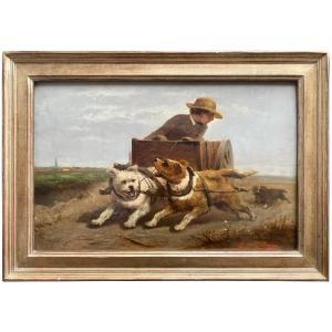 Henriëtte Ronner - Knip (1821 – 1909) - ' Boy In A Cart Pulled By Dogs'