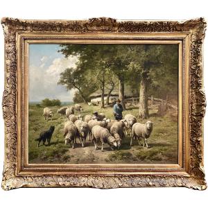 Cornelis Van Leemputten ( 1841 – 1902 ) - ' The Shepherd With His Flock '