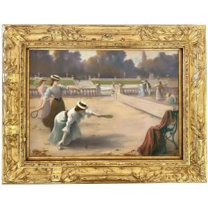 Henri Pasquier  XIX – XX, French Painter - ' Lawn Tennis At The Castle Park '