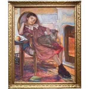 Friedrich Ferdinand (1863 – 1923) - 'girl With Cat By The Fireplace'
