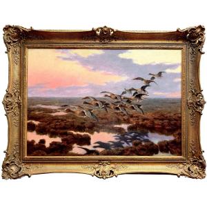 József Pálfy (1864 – 1934) - ' Autumn Flight Of Wild Geese '