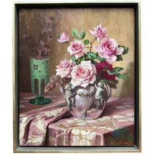 Pascal De Beucker (1861–1945) Belgian-american Painter – ' Roses In A Vase Of Angels '