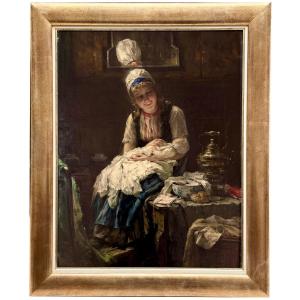 Edward Portielje ( 1861 - Antwerp - 1949 ) Dutch-belgian Painter - ' Mother And Child '