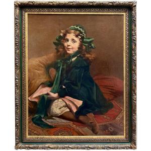 Servais Joseph Detilleux (1874 - 1940) - ' Portrait Of A Young Girl In Green Dress'