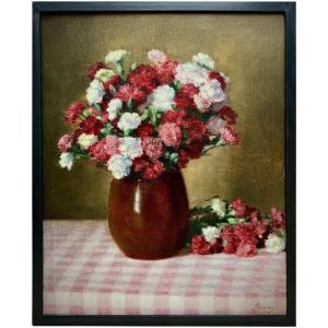 Victor Abeloos (1881 - Brussels - 1965) - 'bouquet Of Carnations On A Gingham Tablecloth'