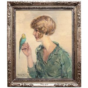 Charles Michel (liège 1874 – 1967 Mexico) - « Lady With A Parakeet »