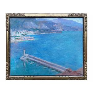 Seascape With Pier And Lighthouse Of Monaco Harbour, Daens Antoine, Brussels 1871 – 1946