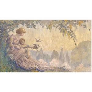 Nymph With Child Feeding Swallows, Attributed To Richir Herman, Brussels 1866 – 1942