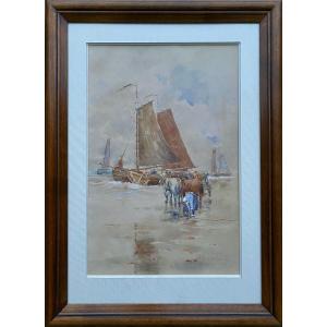 Fisherman Unloading His Catch At Scheveningen Beach, Reckelbus Louis, Bruges 1864 - 1958