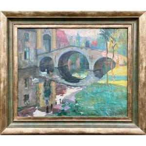 Canal View Of Bruges - The Beguinage, Van Middel Maurice, Bruges 1886 - 1952, Belgian Painter, Bruges School