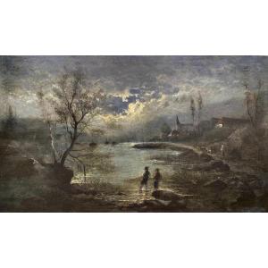 Moerenhout Edouard, 19th Century, Belgian Painter, “fishing In The River Meuse”, Oil On Mahogany Panel