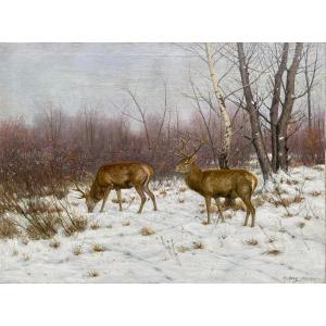 Christian Haug,  Soleur, Norway 1862 – 1953 Munich, Germany, Norwegian Painter, Deer In A Winter Landscape 