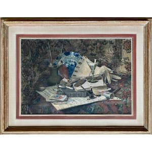 Still Life With A Cigars, Playing Cards And Delft Plate, Artist 19th - 20th Century